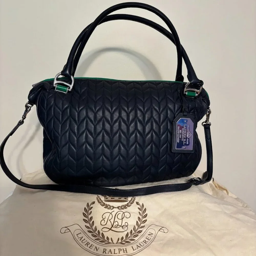 RALPH LAUREN Navy/Green Quilted Leather Bag with Dust Bag - Excellent Condition - Picture 7 of 16